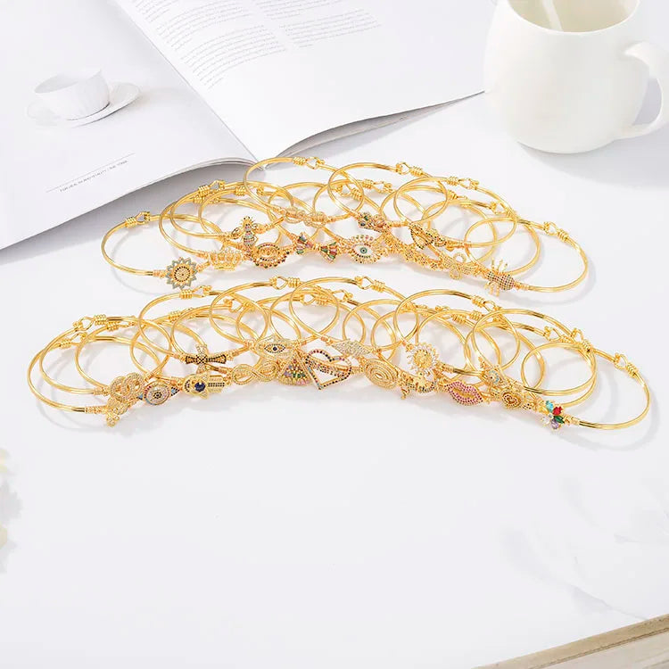 BC2083 Hand Crafted Wire Wrapped 18K Gold Plated CZ Paved Flower Star Heart Cross Bangle BraceletCatholic Bracelet