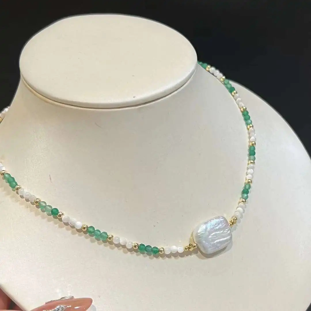 Green Agate Natural Shell Pearl Necklace 40+5cm Small Fresh Square Baroque Freshwater Pearl for Girls