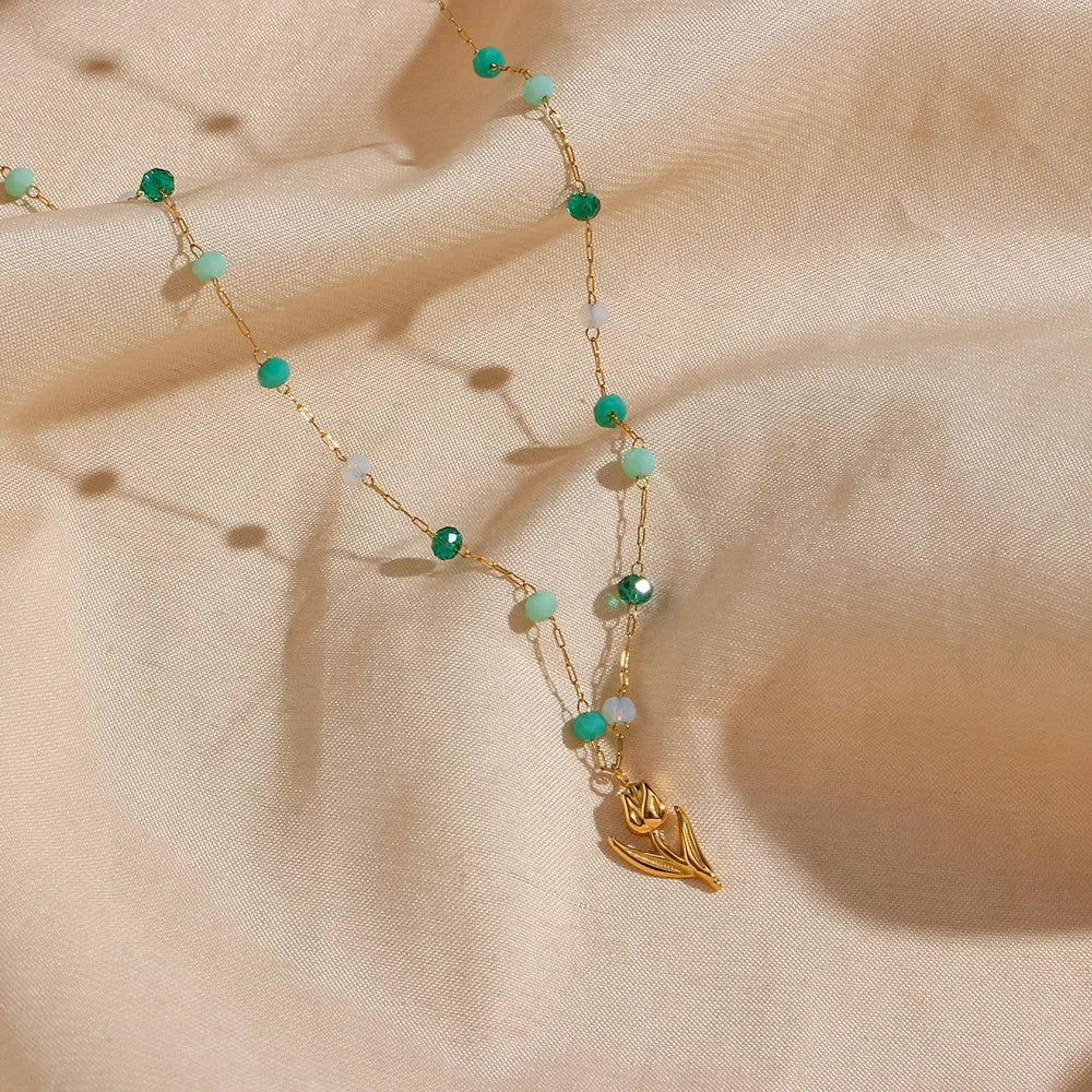 Exquisite Tulip Charm Acrylic Beads Jewelry 18K PVD Gold Plated Bead Chain Necklace Pendant Necklace for Women