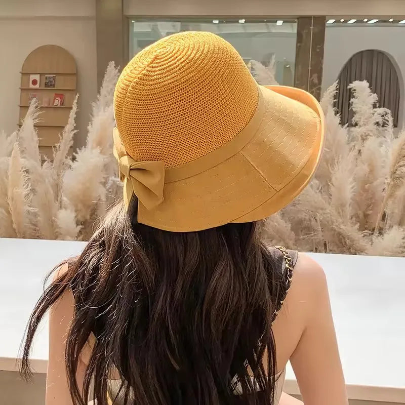 Popular Summer Outdoor Travel Custom Wide Brim Sunshade Foldable Knitting Women Bucket Hats