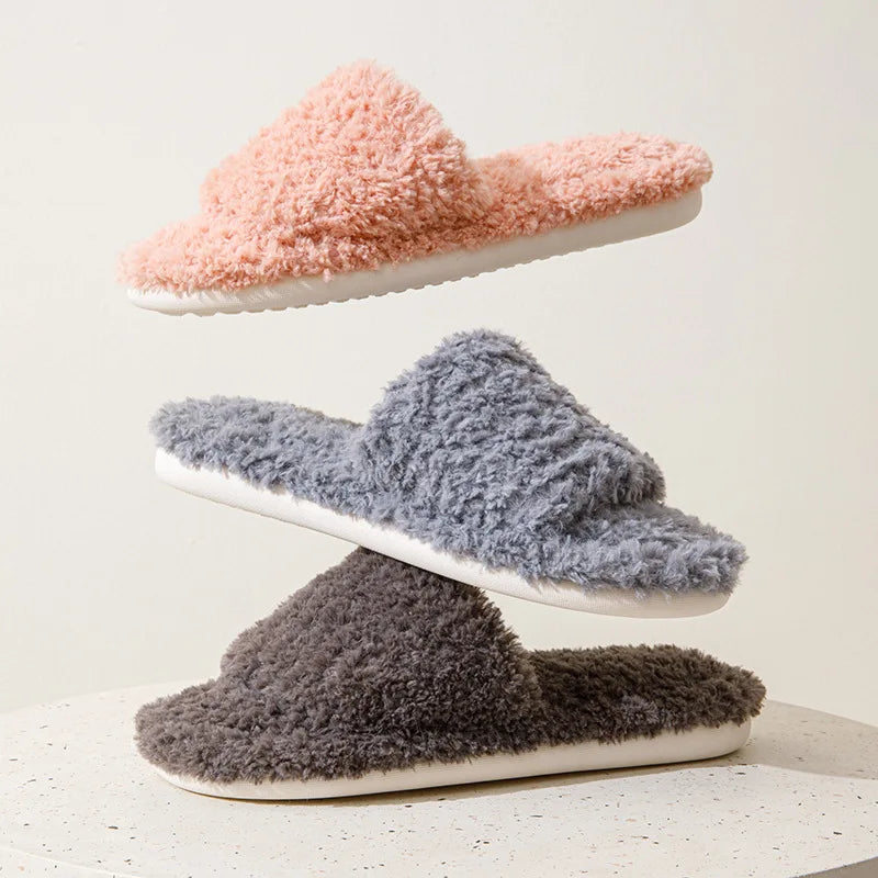 Women's Winter Fashion Cartoon Animal Plush Slipper Warm EVA Sandals with Open Toes Soft Plush Fabric for Spring Autumn