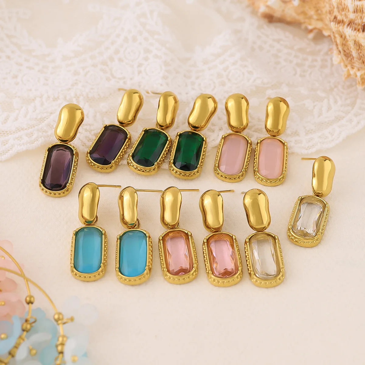 2025 New Design 18K Gold PVD Plated Stainless Steel Earrings Oval Colored Zircon Jewelry Fashion Drop Earrings for Women