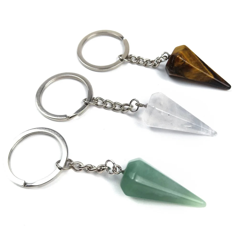 HZ Hottest Style divining spirit pendulum hexagonal key chain pendant Clear Quartz healing energy key chain