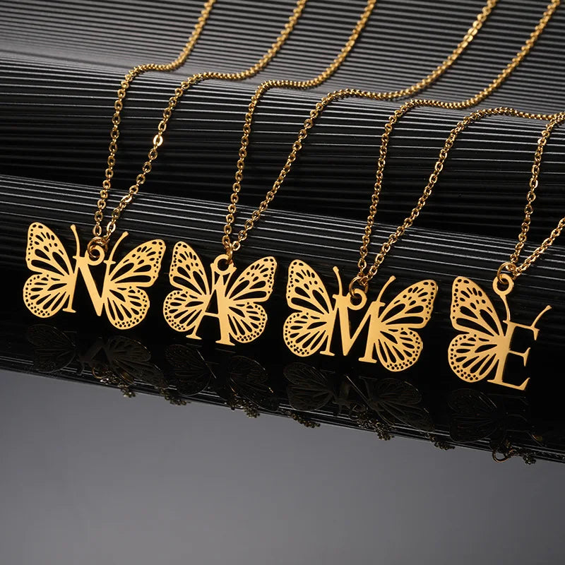 Creative Stainless Steel 26 Letter Butterfly Pendant Necklace Personalized Hollow Design with Gold Plating Trendy Style