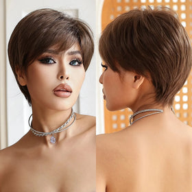 Factory Fast Delivery Short Brown Pixie Cut Wig for Women Natural Looking Layered Side Part Wig Heat Resistant Synthetic Hair