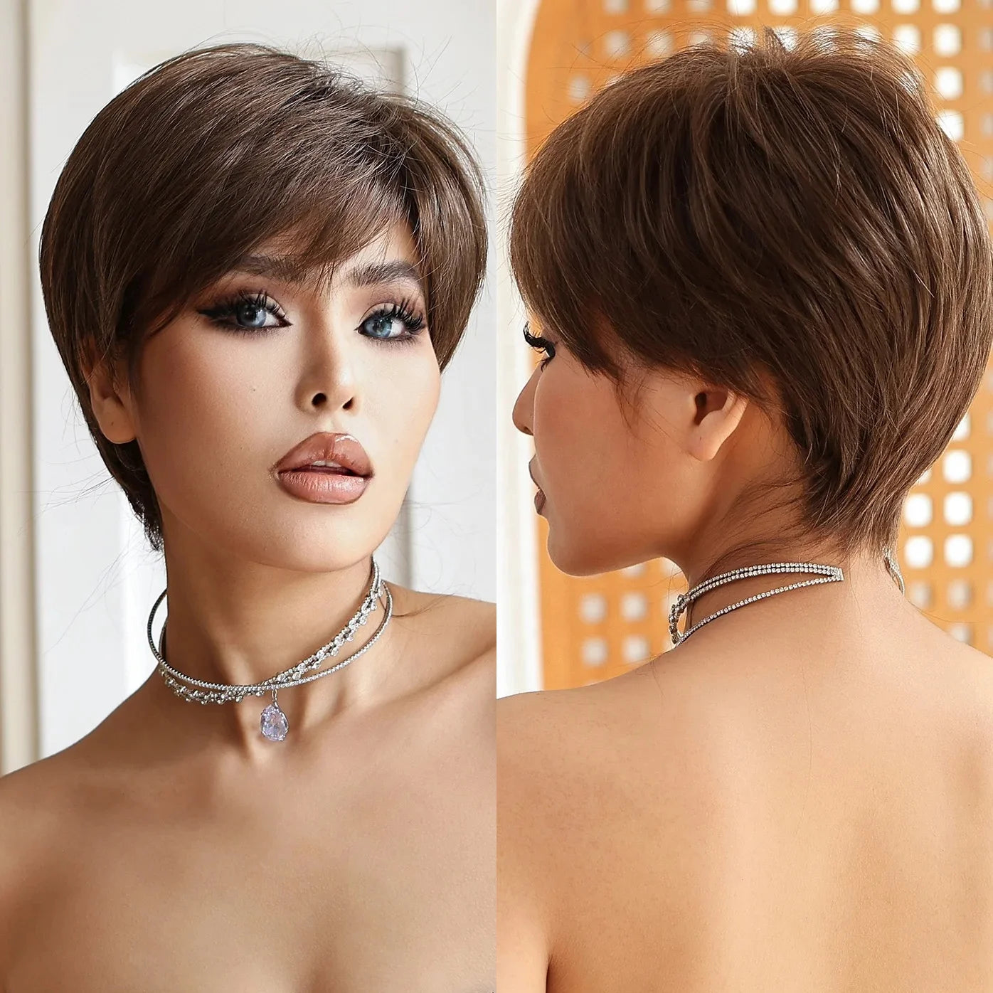 Factory Fast Delivery Short Brown Pixie Cut Wig for Women Natural Looking Layered Side Part Wig Heat Resistant Synthetic Hair
