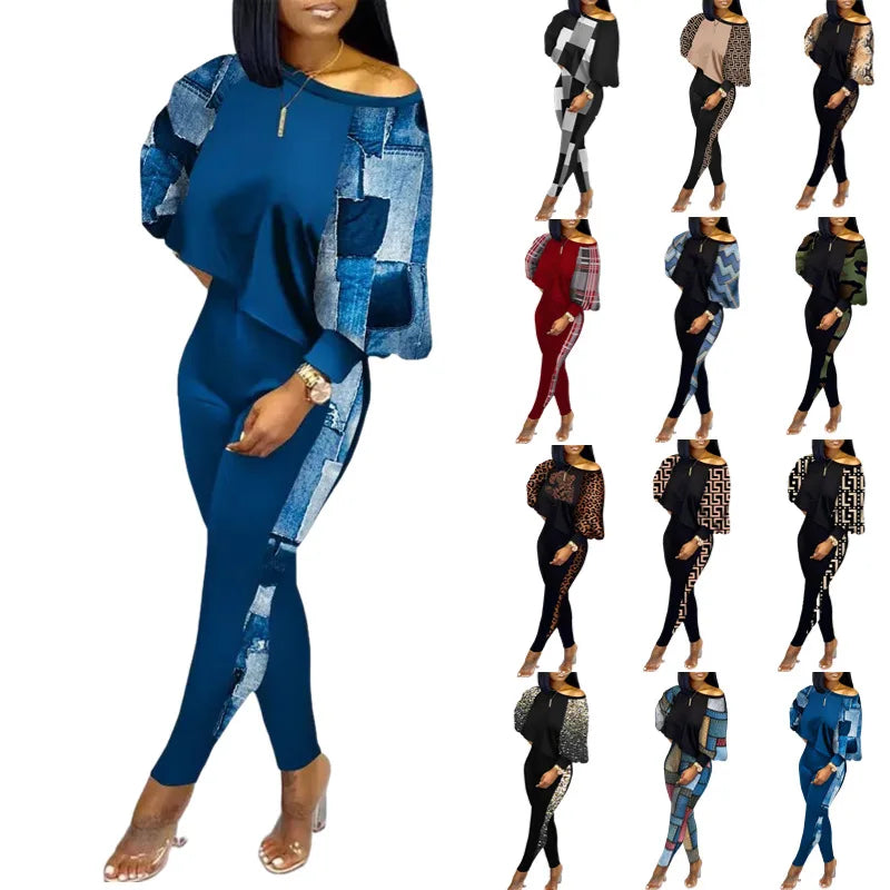 Women Clothing Fashion Large Size Two Piece Casual Outfits Leopard Print 2 Piece Sets