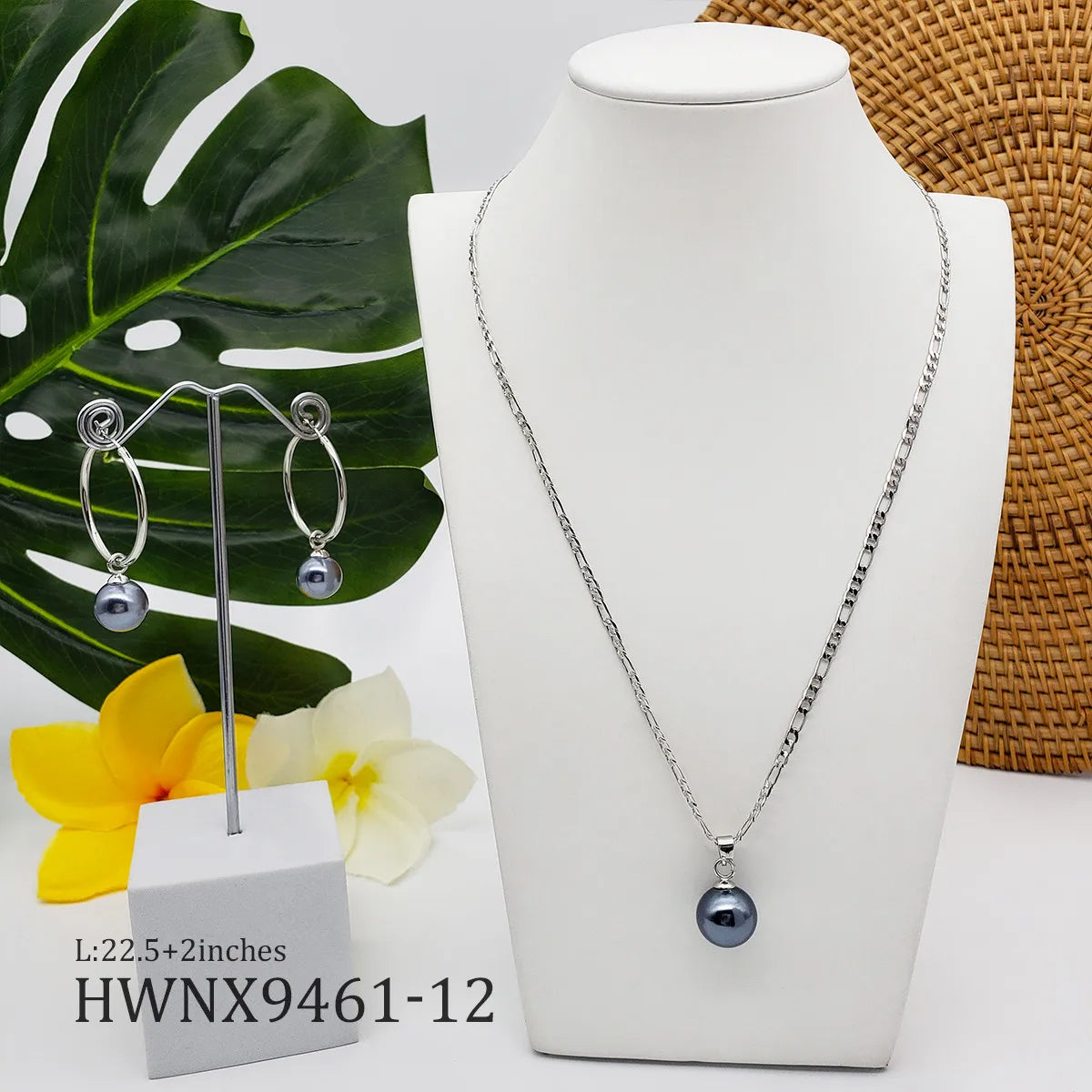 Pearl Jewelry Set Hawaiian Rhodium Plated Big Pearl Charm Necklace with Figaro Chain Hoop Drop Earrings Sets