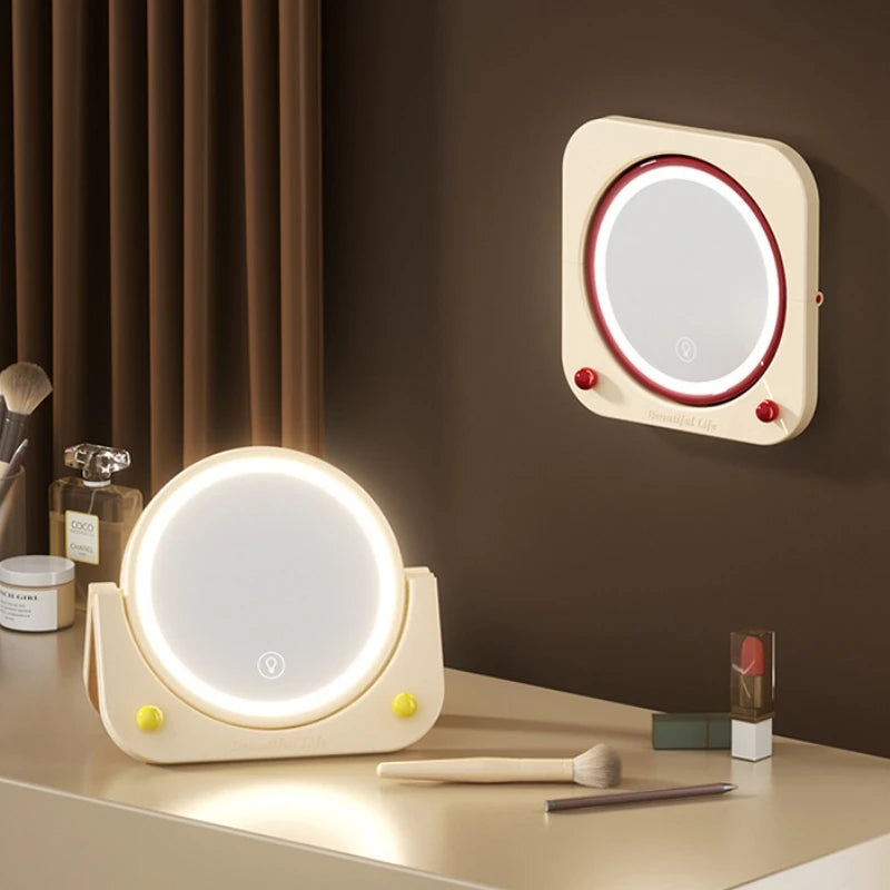 Hangable Rotatable Makeup Mirror Portable Red Fashion Desktop Mirror Rechargeable Touch LED Makeup Mirror for Dormitory