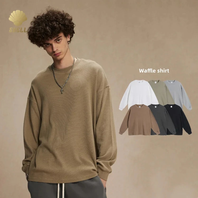CNSHELL 330gsm Oversize True Size Casual Soft Breathable Crew Neck Rib Cuff Waffle Long Sleeve Reverse Stitch Shirt