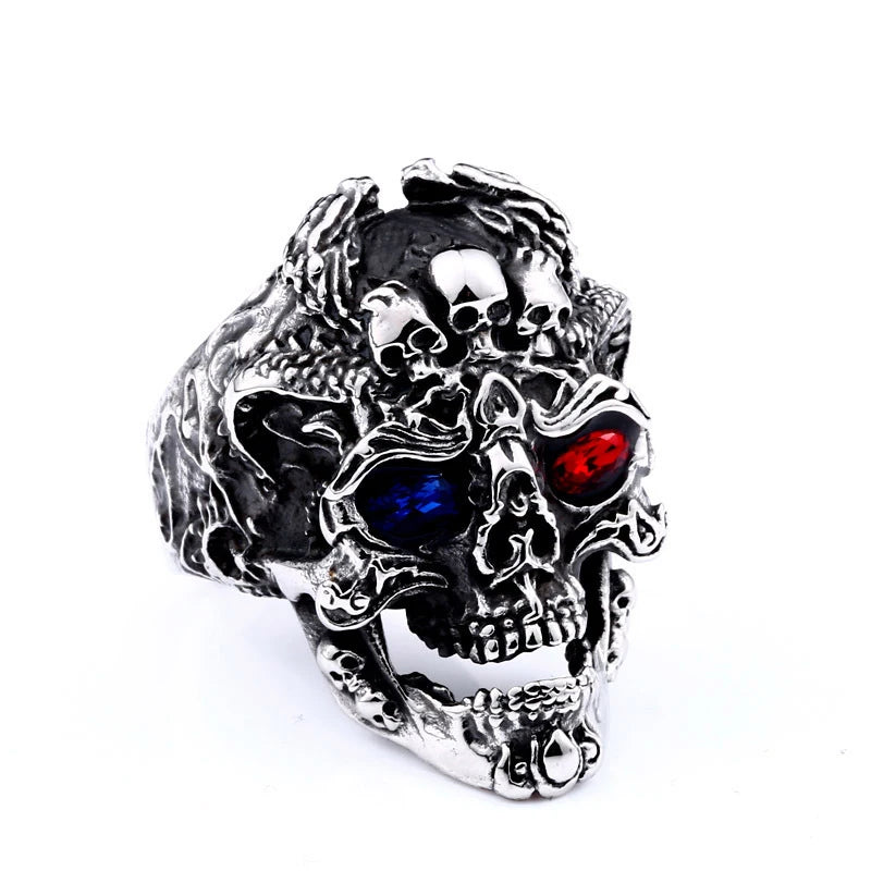 OLAN Wholesale Fashion Jewelry Punk Vintage Style Skull Red Blue Gemstone Inlay Titanium Stainless Steel Rings for Men