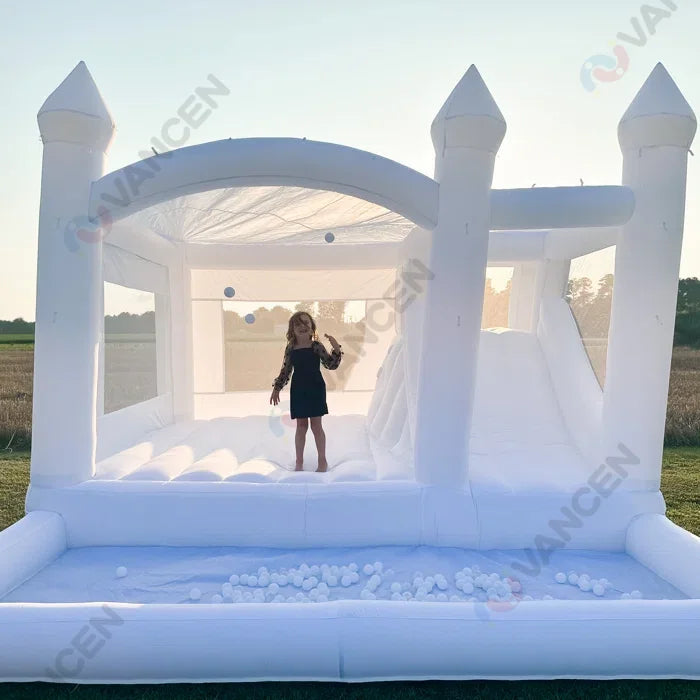White Bounce House Inflatable Jumper with Slide and Ballpit Oxford Fabric Bounce House for Party Decoration and Soft Play