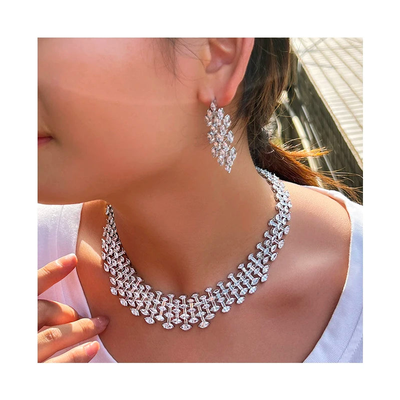 Ins Hot Sale Bridal Wedding White Gold Plated Jewelry Set Luxury French Necklace Earrings African Fashion Jewelry Set