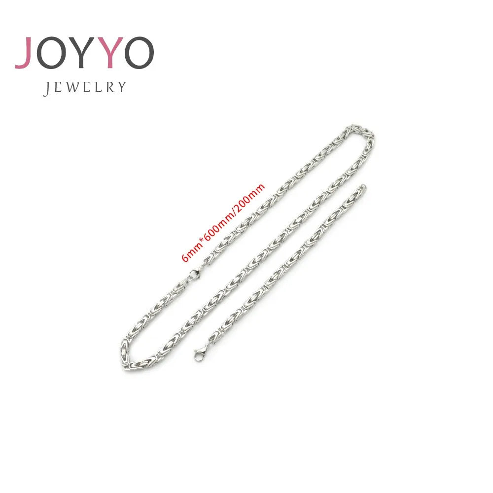 6MM Wide Stainless Steel Byzantine Chain Necklace for Men Women Durable Silver Tone Fashion Jewelry Sets