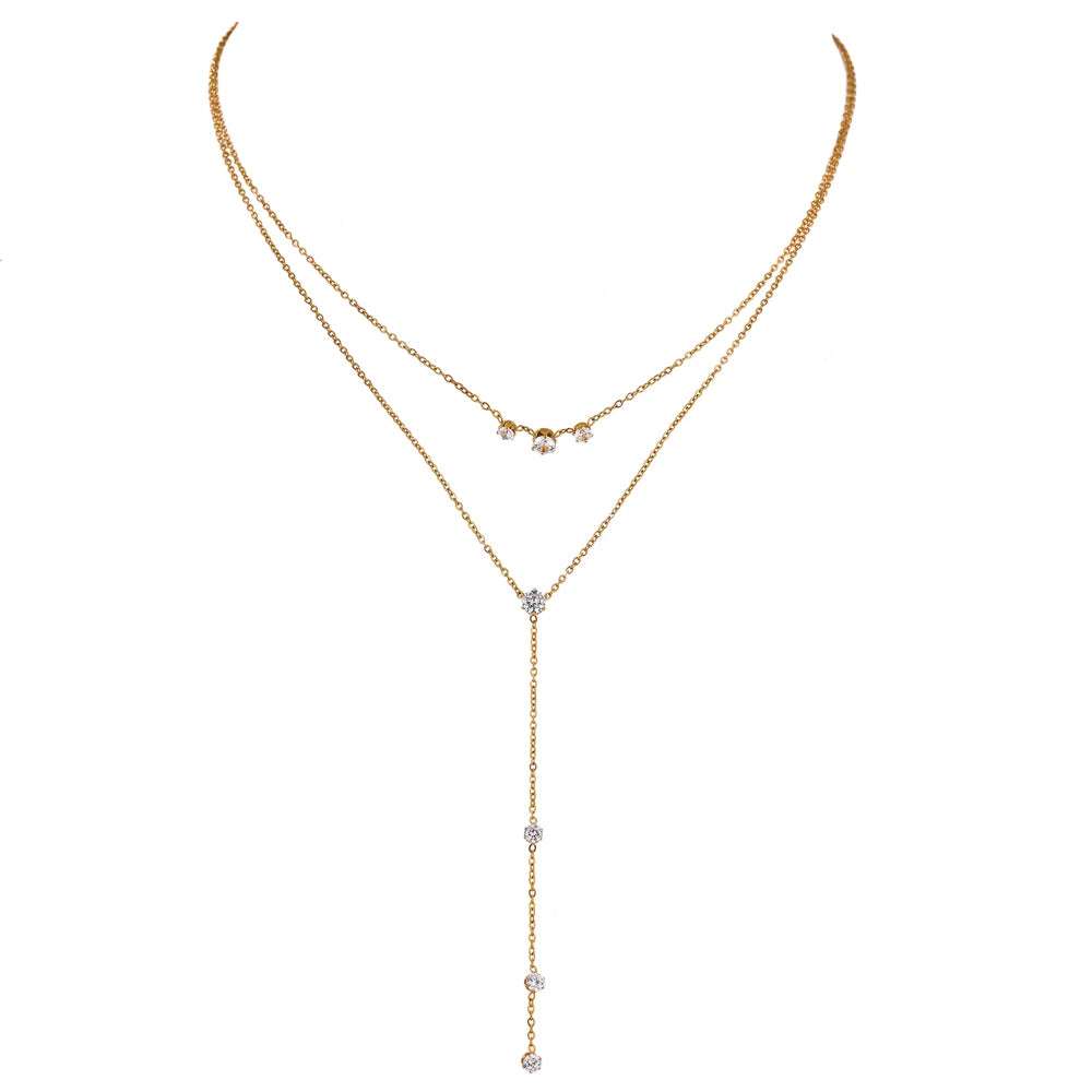JINYOU 1929 Exquisite Thin Long Chain Stainless Steel Cubic Zircon Multi Layer Bib Necklace Jewelry for Women