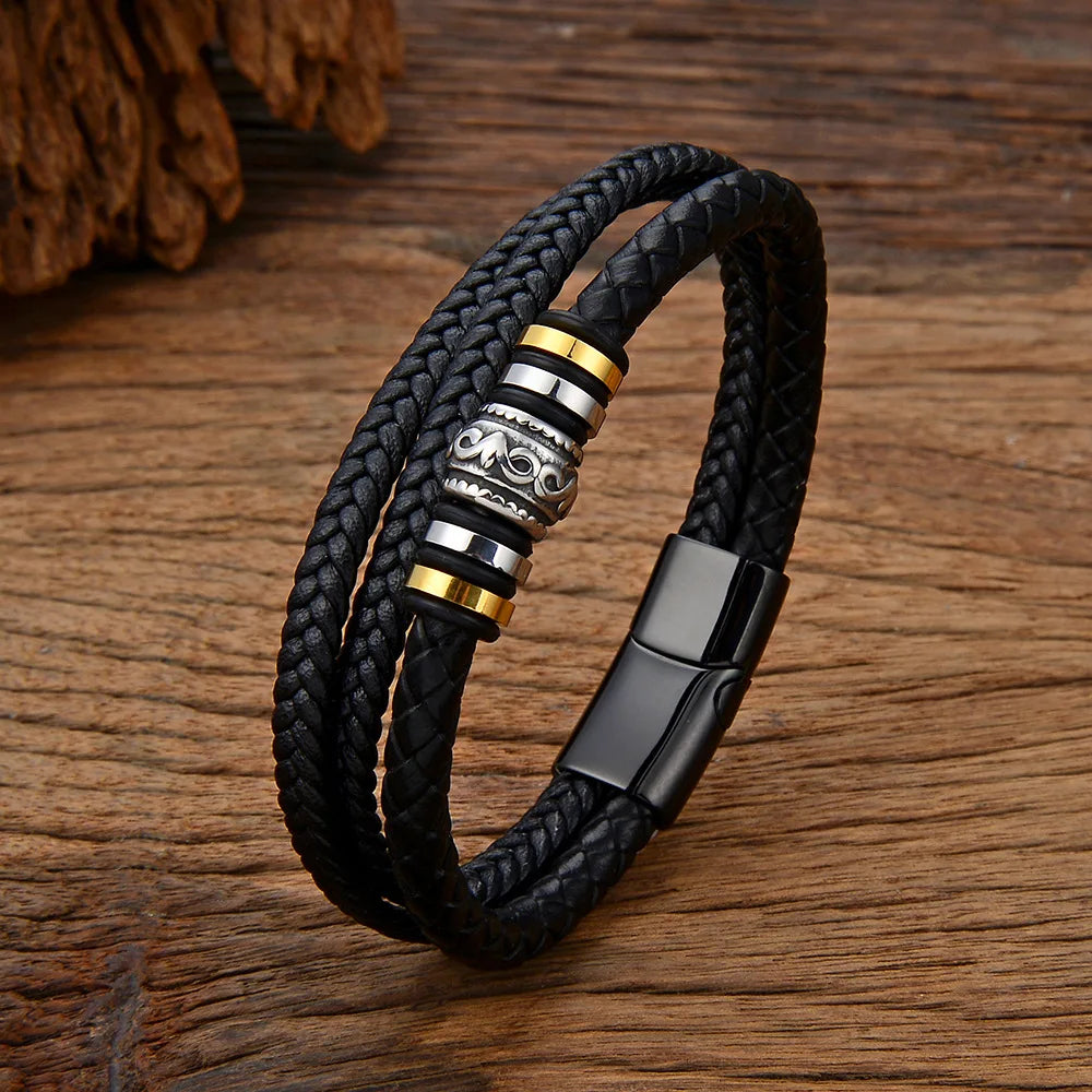 Wholesale Men Stainless Steel Multilayer Leather Bracelet DIY Braided Rope Leather Titanium Steel Magnetic Clasps for Leather B