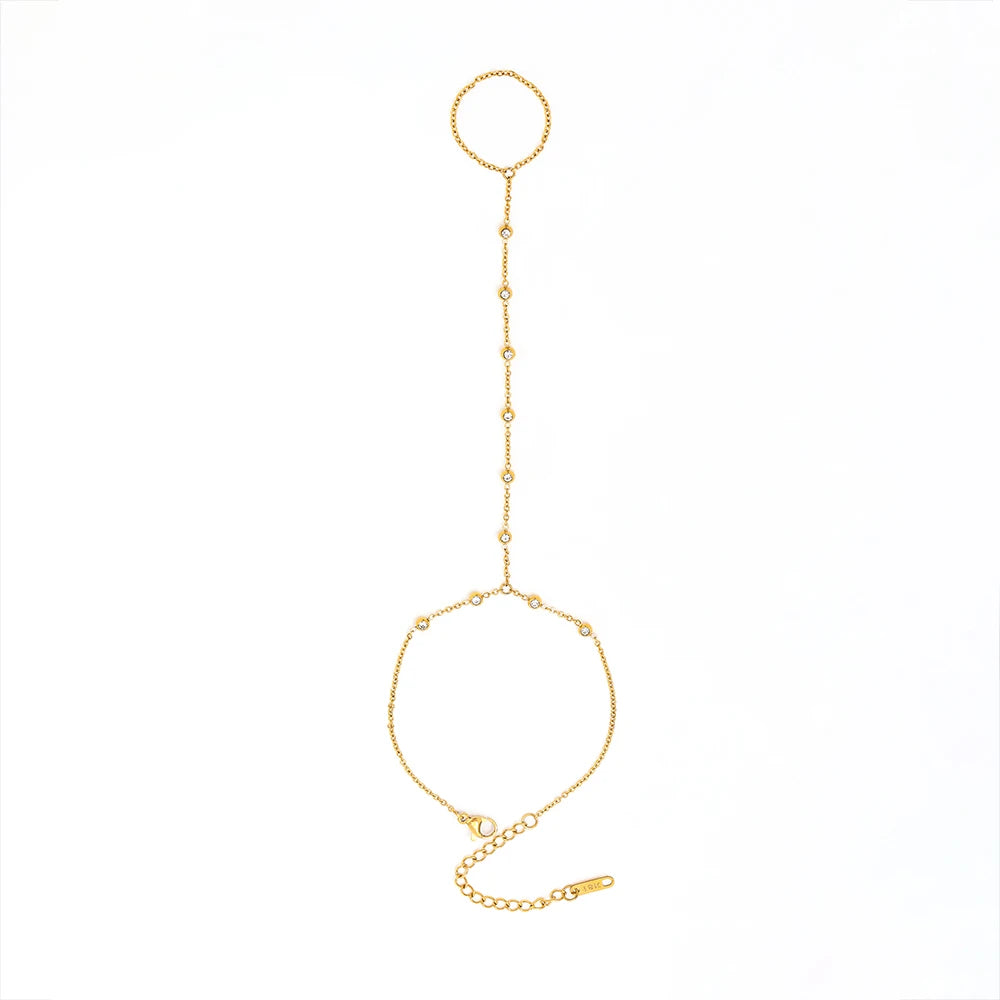 High-End  10 Ten Stones Stainless Steel Hand Chain Tassel Bracelet Ring Dainty Zirconia Fashion Style Jewelry for Women