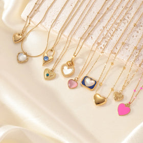 Luxury Stainless Steel Waterproof 18k Gold Plated Jewelry Non-fading Pearl Natural Stone pink Heart Pendant Necklaces for Women