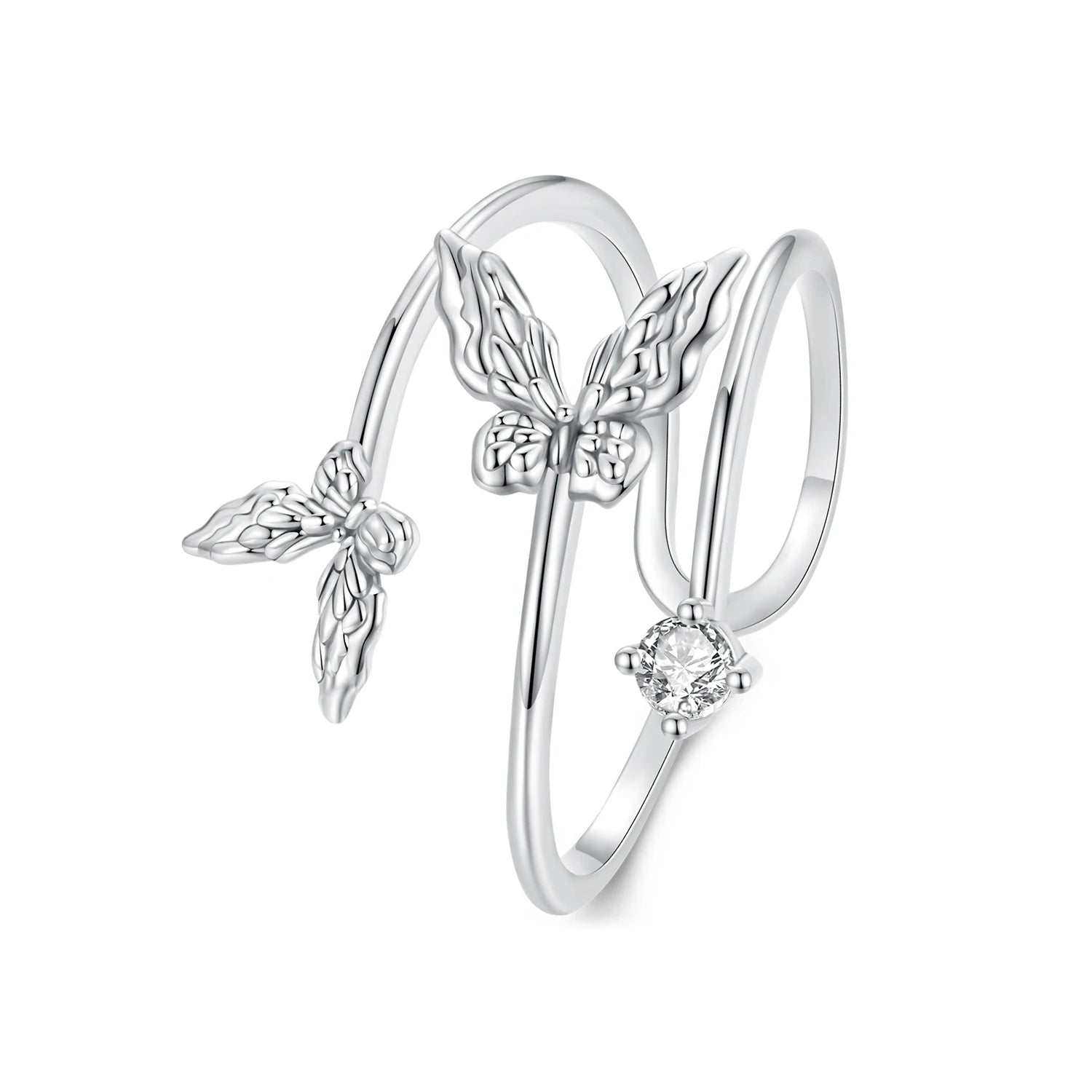 925 Sterling Silver Butterfly Stacking Rings Open Adjustable Band Luxury Zircon Anniversary Romantic Jewelry for Women BSR502