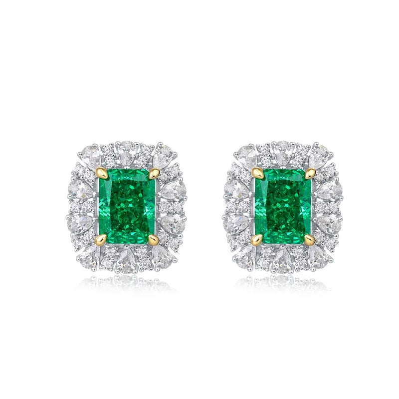 Luxury Korean Womens 14k Gold Plated Silver Color Diamond Zircon Emerald Cut Green Emerald Earrings