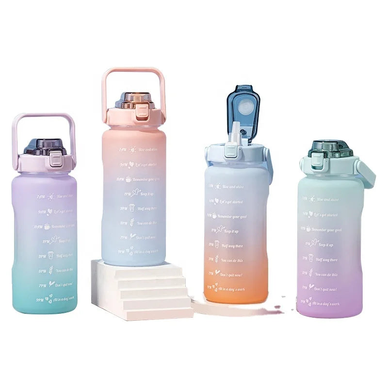 Customized logo BPA Free Water Bottle 2L /64oz Big Plastic Water Bottle With Time Marker Straw for Fitness Gym Sports