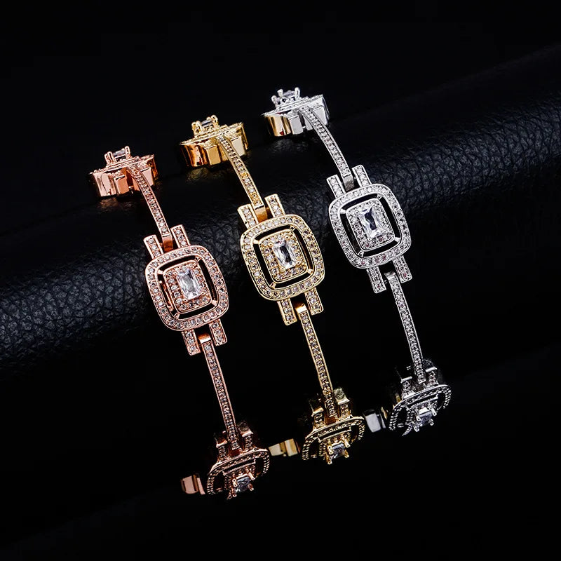 Iced Out 8'' Baguette Bracelet for Women Men in Gold Silver Zircon Prong Setting Brass Bracelet Bangles Daily Hip-hop Jewelry