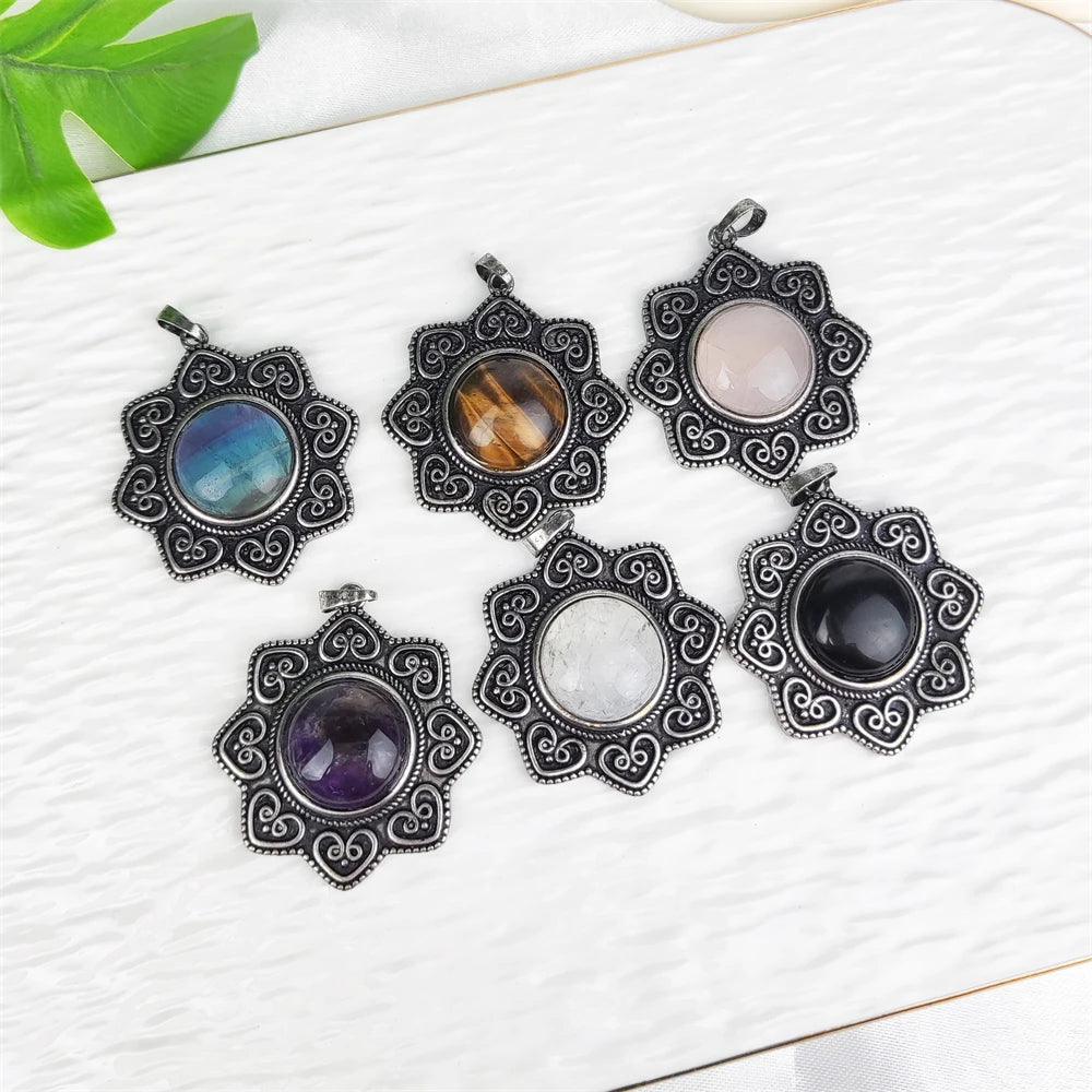 Retro Jewelry Antique Silver Sunflower Pendant Real Crystal Amethyst Blue Sandstone Lapis Lazuli Rose Quartz Necklace Sun Charm