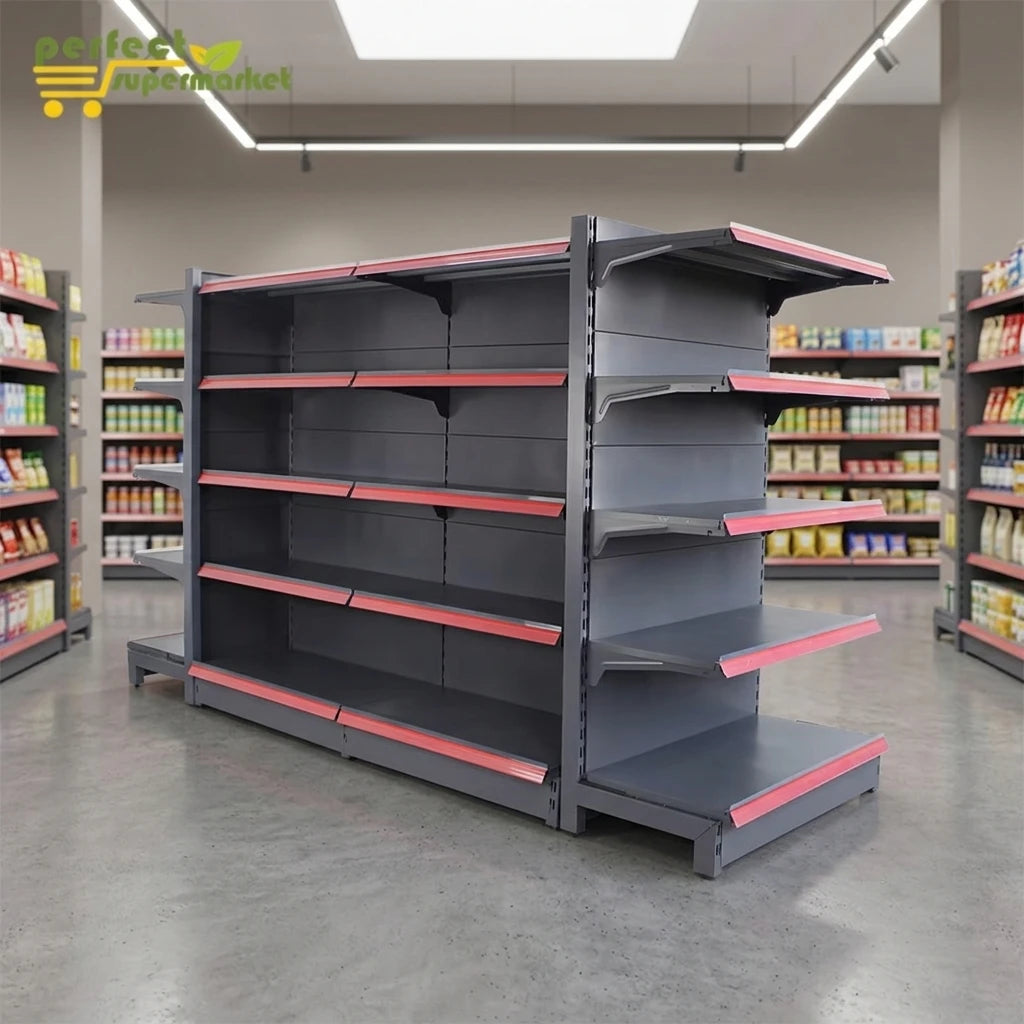 Factory Direct Metallic Single/Double-Sided Gondola Display Stand Freestanding Solid Shelf for Supermarket & Retail Stores