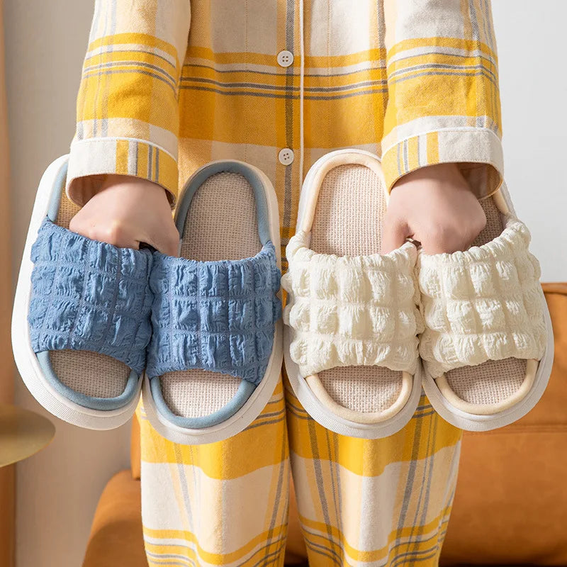 Fluffy cotton slippers for women pudding-like soft and comfy linen-cotton slippers