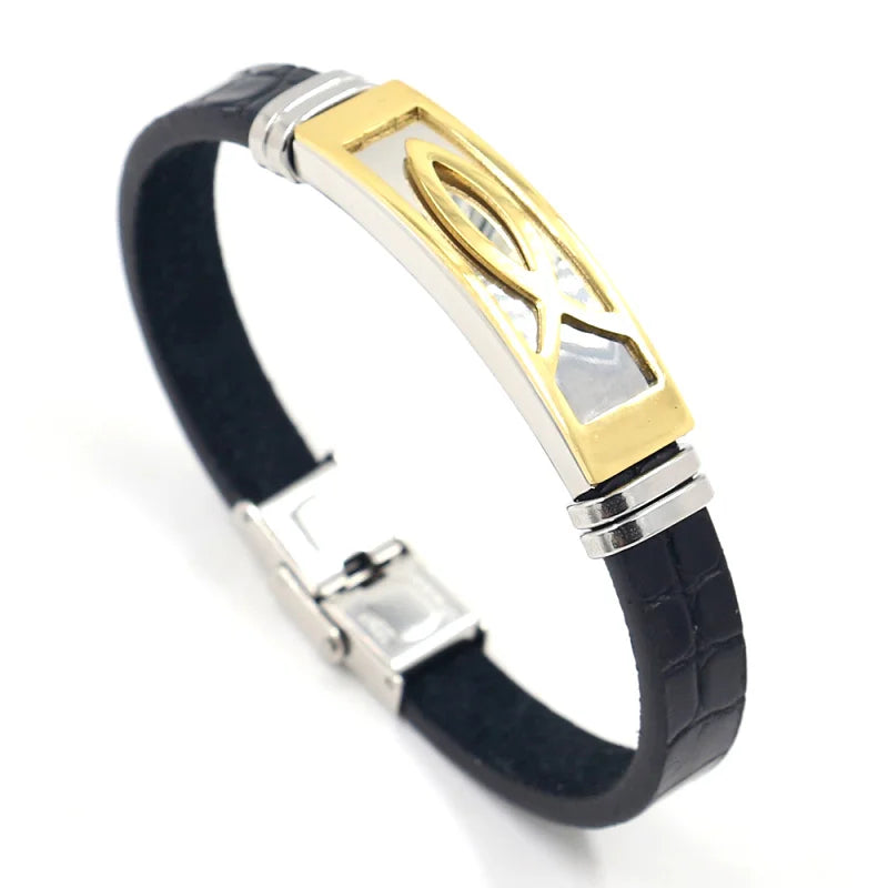 Golden Stainless Steel Adjustable Jesus Fish PU Leather Bracelets Simple Silicone Wrap Bracelet