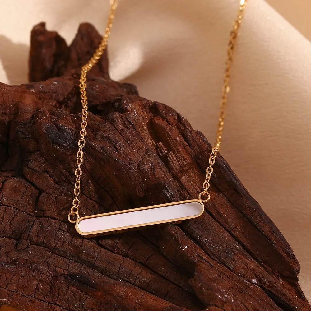 Long Shell Bar Necklace Gold Plated Pendant Necklace Tarnish Free Stainless Steel Statement Jewelry