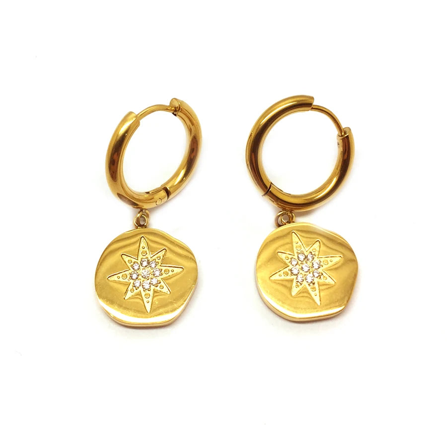 Olivia Stainless Steel Round Zircon Hoop Earrings Jewelry Women 18K Gold Huggie North Star Pendant Earring