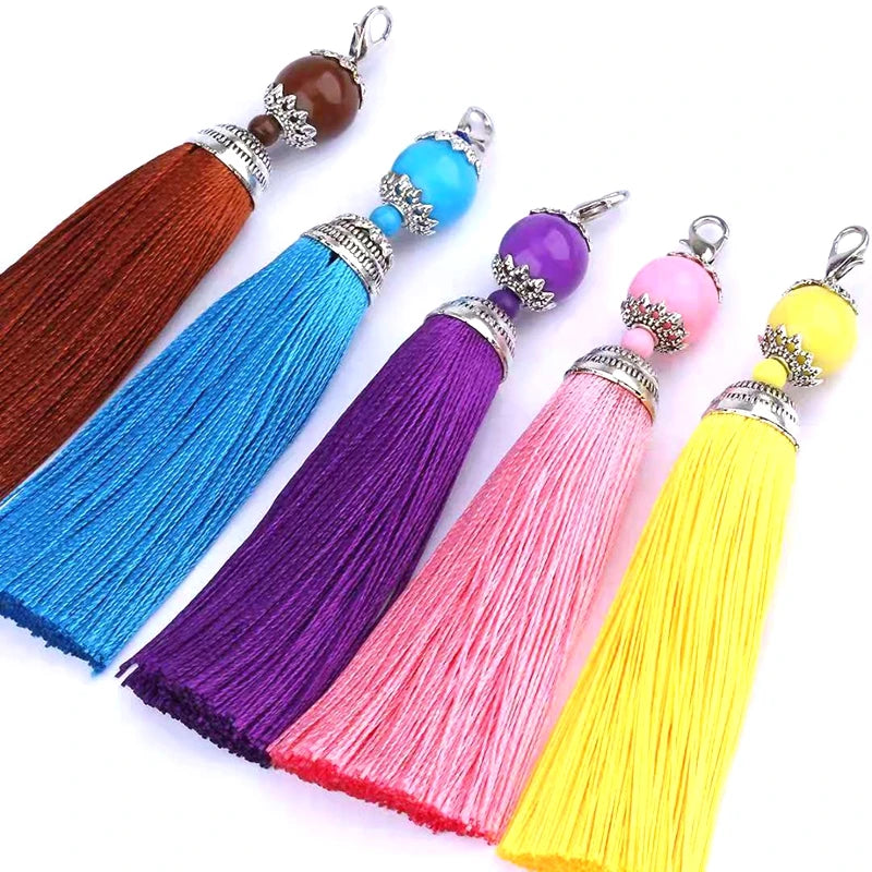 In Stock 8cm Silk Tassel With Bead Metal Hat and Lobster Clasp Keychain Tassels