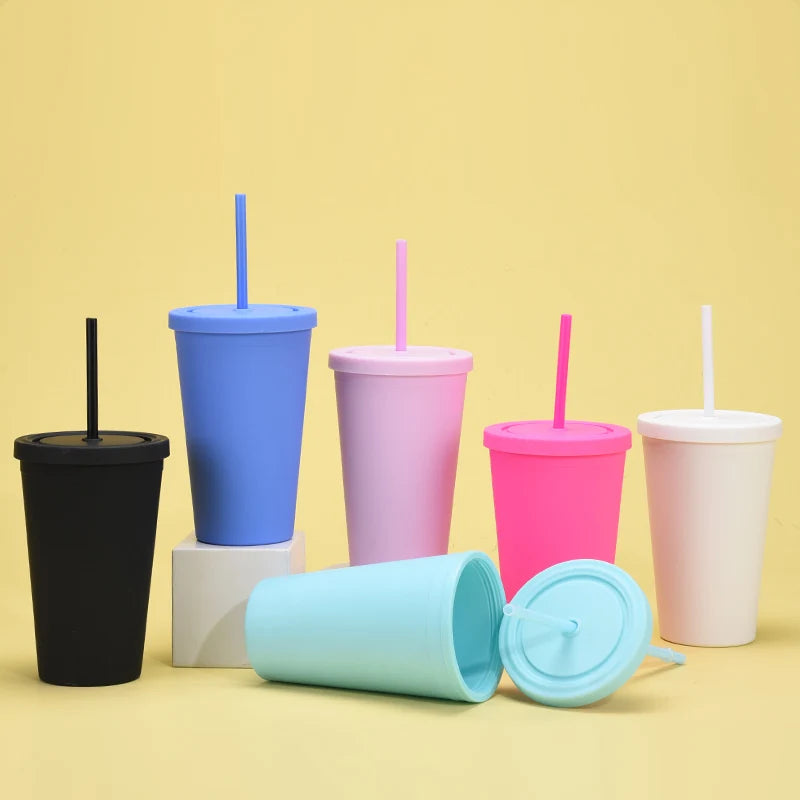 Customizable Candy Colored Double-Layer Students' Straw Cup 16OZ Drinking Mug for Office Use Minimalist Plastic Frosted Tumbler