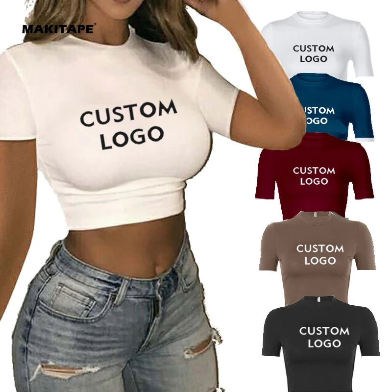 HG66 Custom Logo Crop Top T Shirts Sexy Basic Short Tshirts Female Club White Women Shirts 2021 Short Sleeve Hip Hop Crew Neck