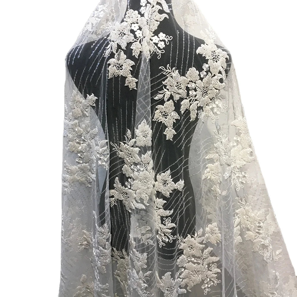 Custom 3D Floral Applique Sequin Beaded Lace Fabric Heavy-Duty Embroidered Mesh Lace Fabric for Wedding Dress