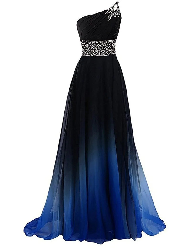 Single Shoulder New Spring and Autumn Fashion Slim Dress Wholesale Color Gradual Change Wedding Dress Long Party Evening Dress