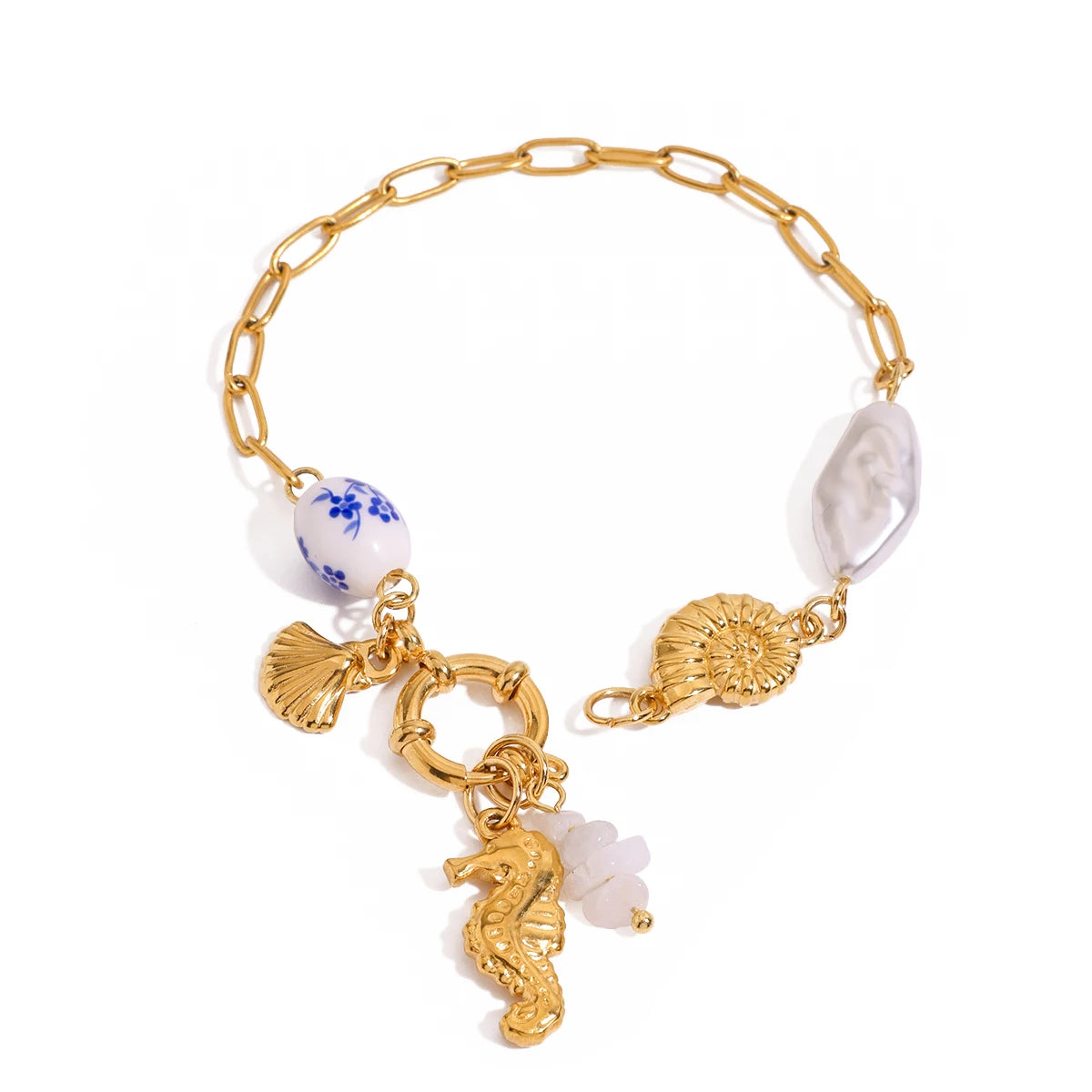 J&D Summer 18K Gold Stainless Steel Ceramic Pearl Conch Seahorse Shell Charms Sailor Buckle Bracelets