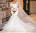 2026 New African Plus Size Long Sleeve Lace Appliques Beaded Sheer Button Back Bridal Gowns Mermaid Wedding Dresses MW362