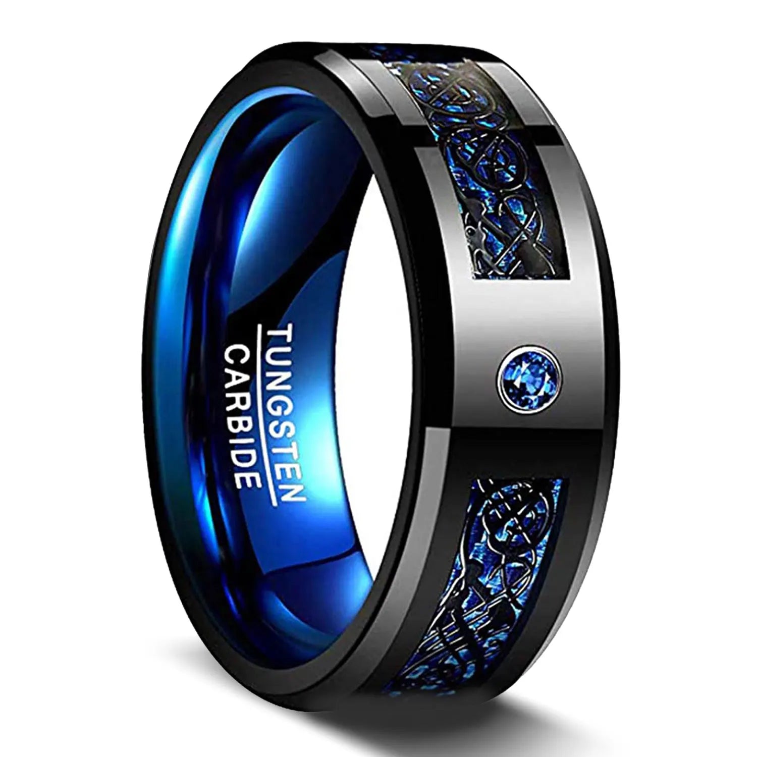 OAHLAN 8mm Black Blue Tungsten Carbide Ring Men Celtic Dragon Inlay Wedding Bands Fashion Jewelry Sets