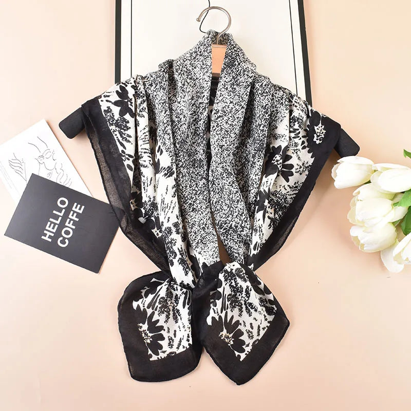 Autumn New Versatile 90% Cotton Linen Square Scarf Breathable Soft Twill Style Voile Hijab with Floral Print Bandannas