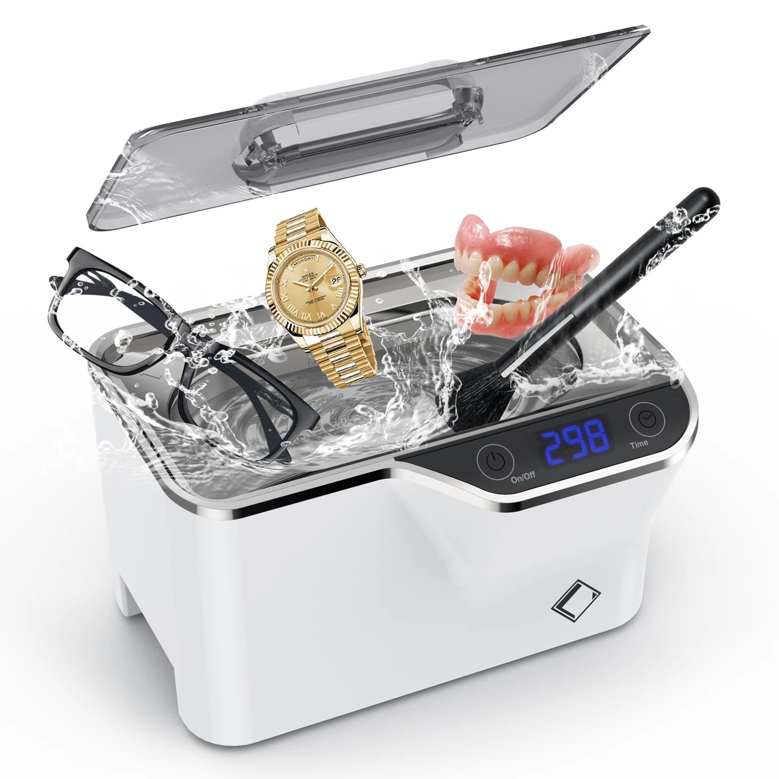 LIFEBASIS Mini 600ml 50W Digital Touch Timer Automatic White Ultrasonic Cleaner for Jewelry Necklaces Rings Glasses Watches