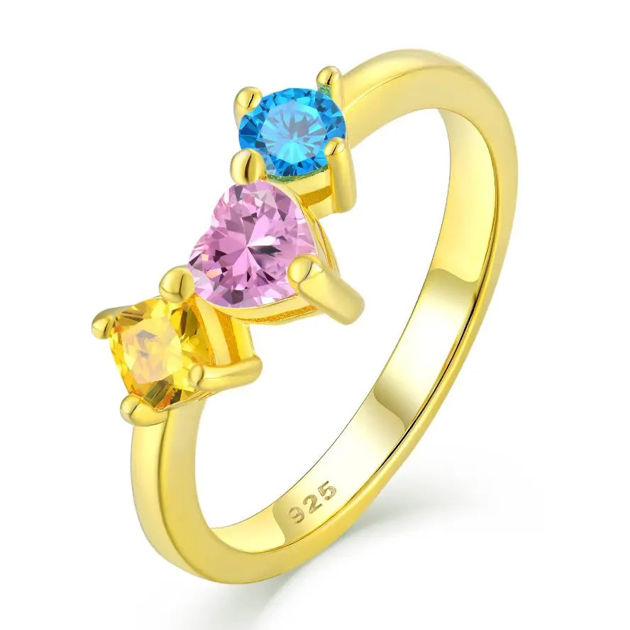 18K Gold Plated Three-Stone Jewelry Colorful CZ Gemstone 925 Sterling Silver Ring
