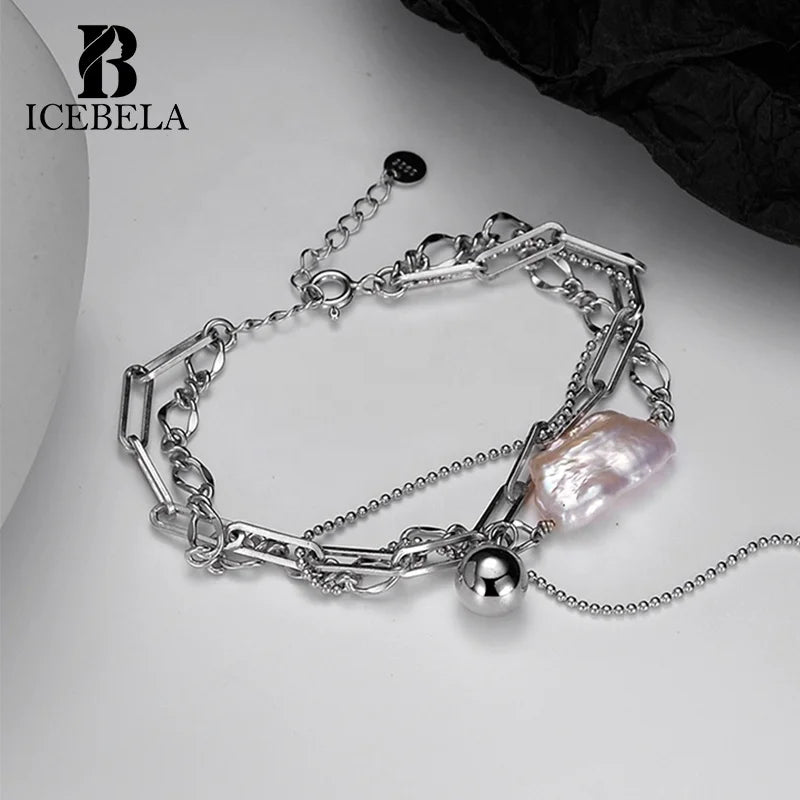ICEBELA Jewelry Korean Hand Made 925 Sterling Silver Baroque Pearl Bracelet Female White Gold Woven Winding Bracelet