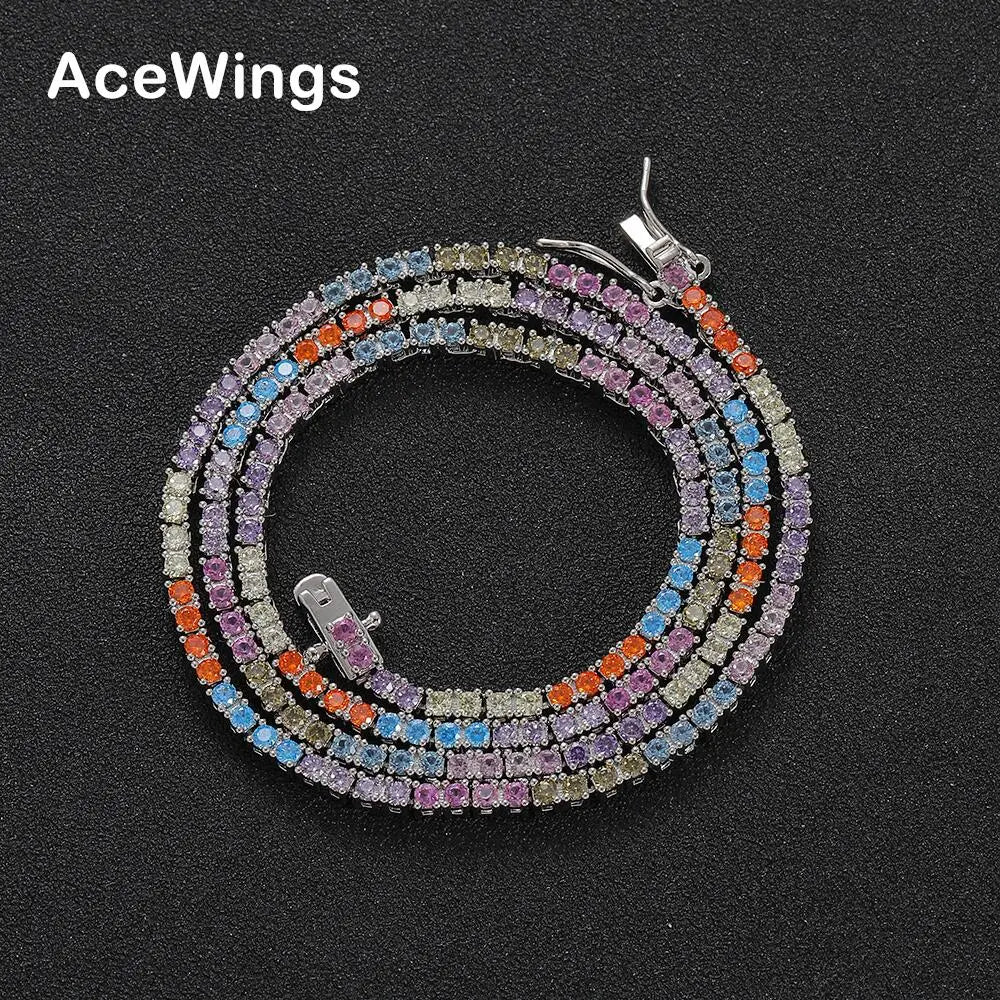BC139 2mm Colorful Geometric Zircon Link Chain Unisex Round Cut 4 Prong Tennis Necklace Hip Hop Jewelry