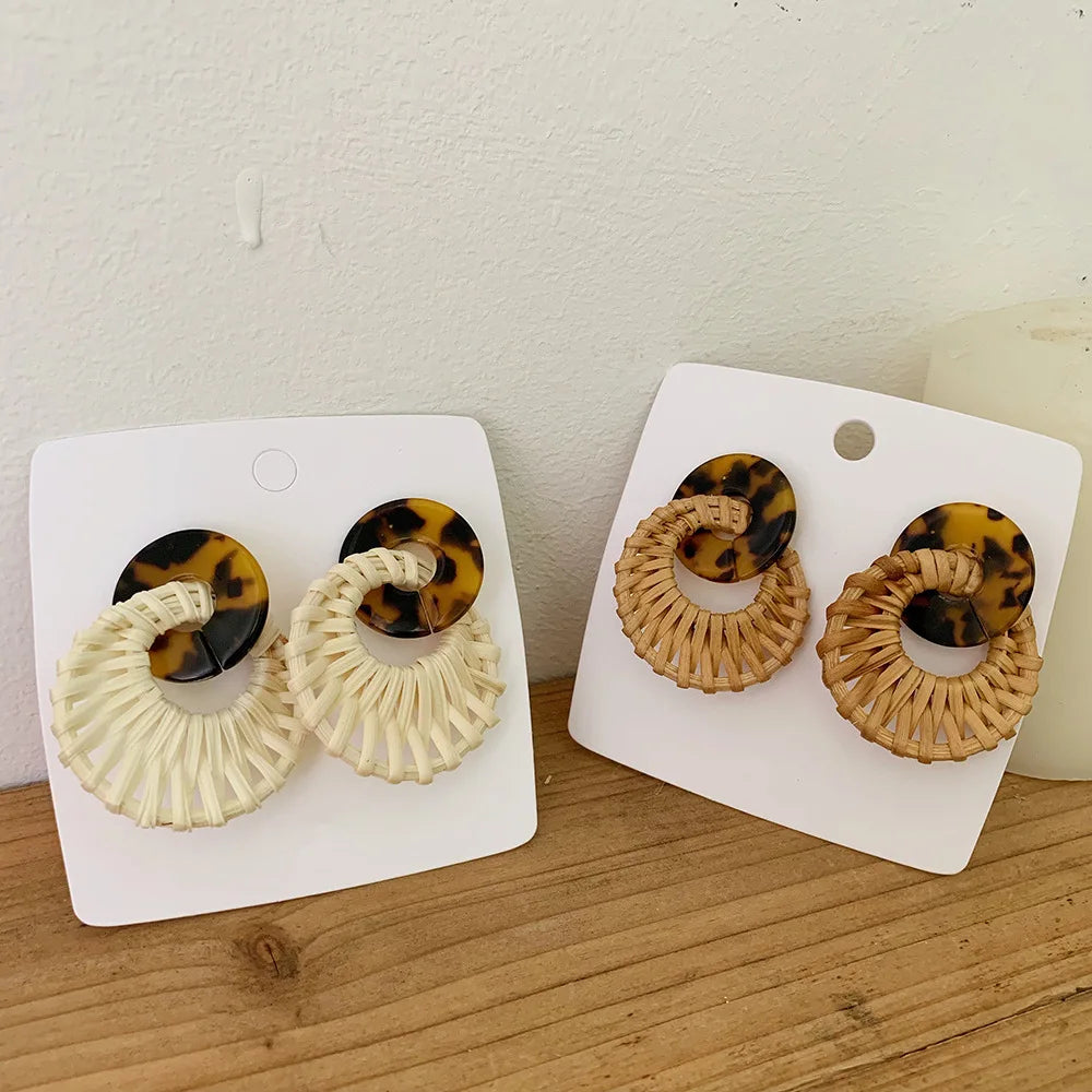 New Trendy Summer Beach Exaggerated Big Circular Straw Acrylic Rattan Earrings for Women
