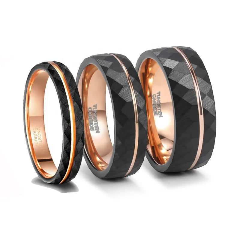 POYA Rose Gold Plated Hammered Tungsten Ring Mens 8mm 6mm 4mm Black Men Women Wedding Band MegaBDM
