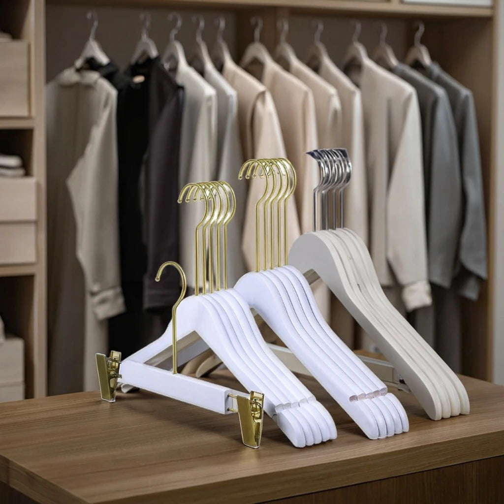 Wholesale Custom Wooden Hangers with Gold Hook White Finish Single Tier for Wardrobe or Bathroom