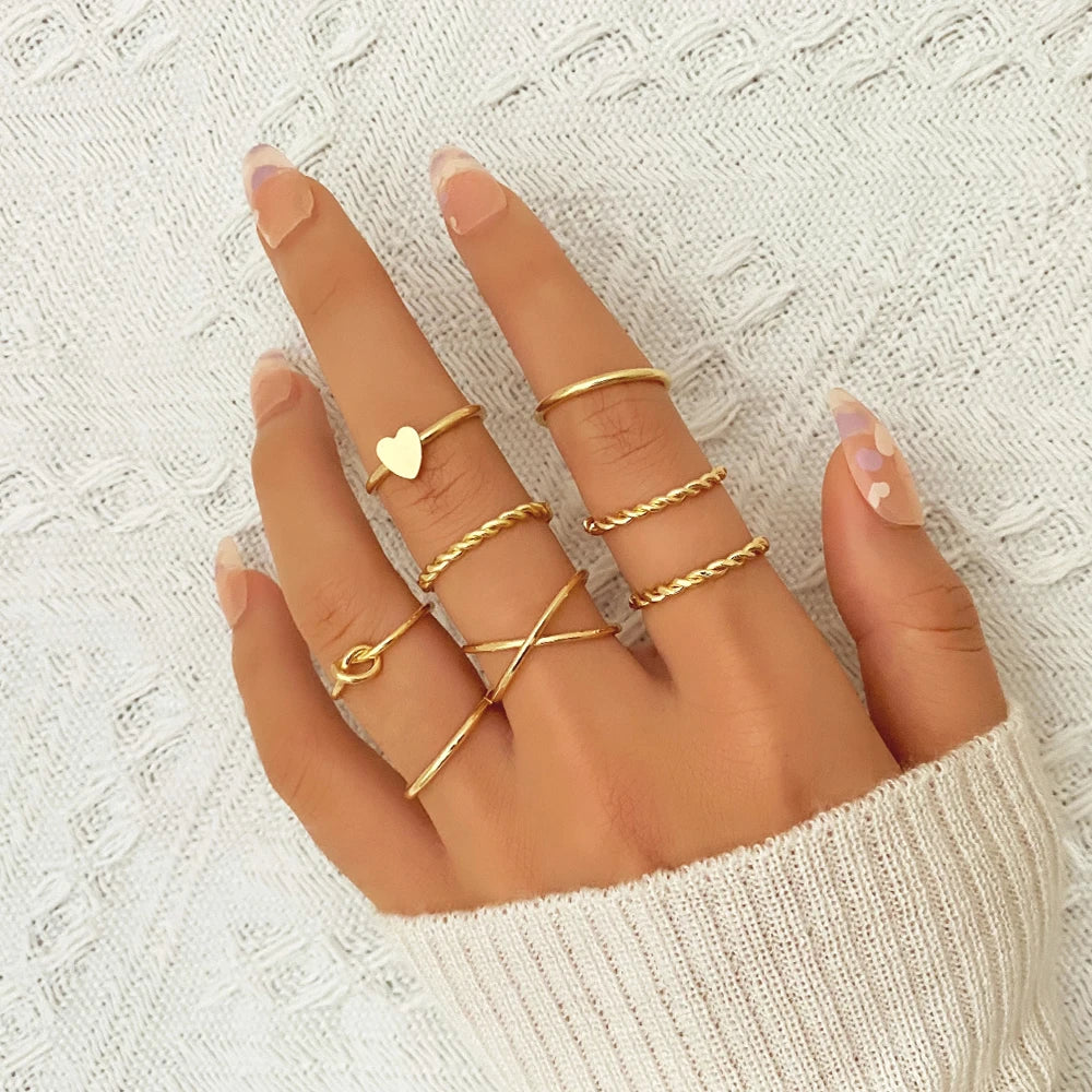 VKME Trendy Gold Geometric Round Heart Rings Set for Women Punk Simple Cross Finger Rings Trend Jewelry Party