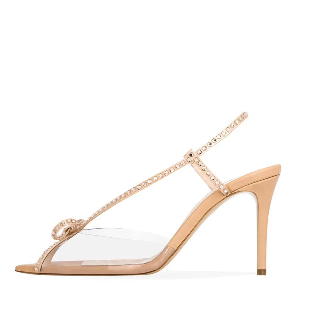 Pointed Toe Rhinestone Crystal Stone Jewelled Shoes Ladies Transparent Medium Heel Sandal